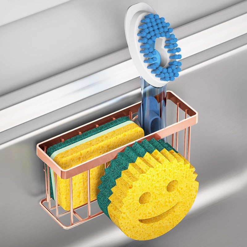 MURLONG Sponge Holder Smiley Face,Sink Caddy for Kitchen Sink,Sponge Holder with 2 PCS Suction Cups/1 PCS Adhesive Strips,Designed for Sponge,Soap,Dish Brush,Scrubber-Rose Gold - Image 1